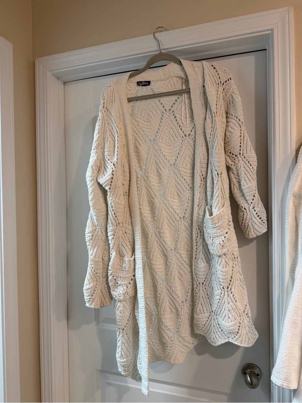 Open-Front Crochet Cardigan Sweater - Cream